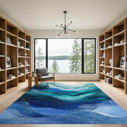 Teal Blue Layered Waves Rug