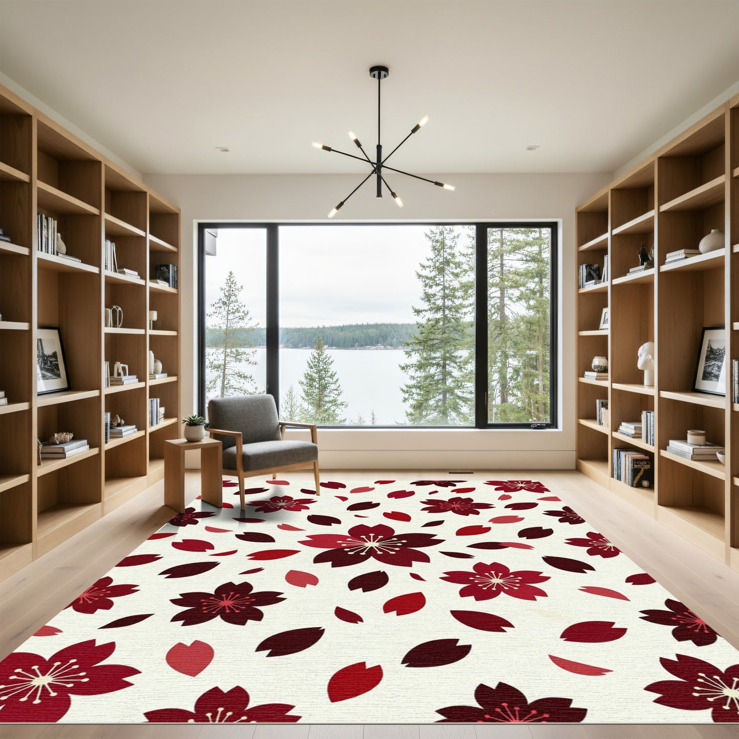 Crimson Cherry Blossom Petal Collage Rug