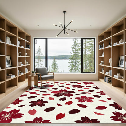 Crimson Cherry Blossom Petal Collage Rug