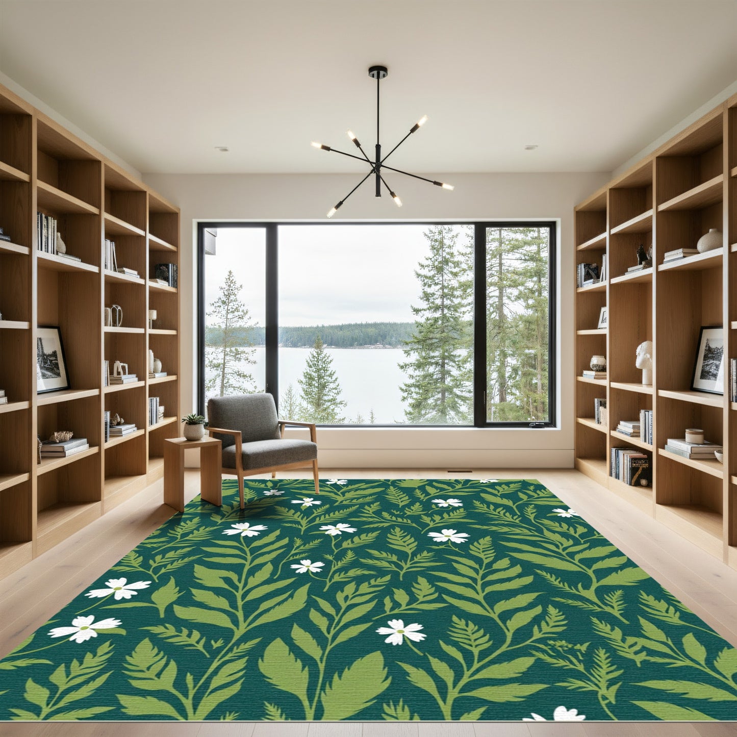 Dark Teal White Floral Foliage Rug