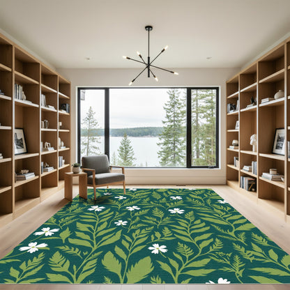 Dark Teal White Floral Foliage Rug