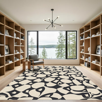 Abstract Cream and Black Organic Shapes Rug