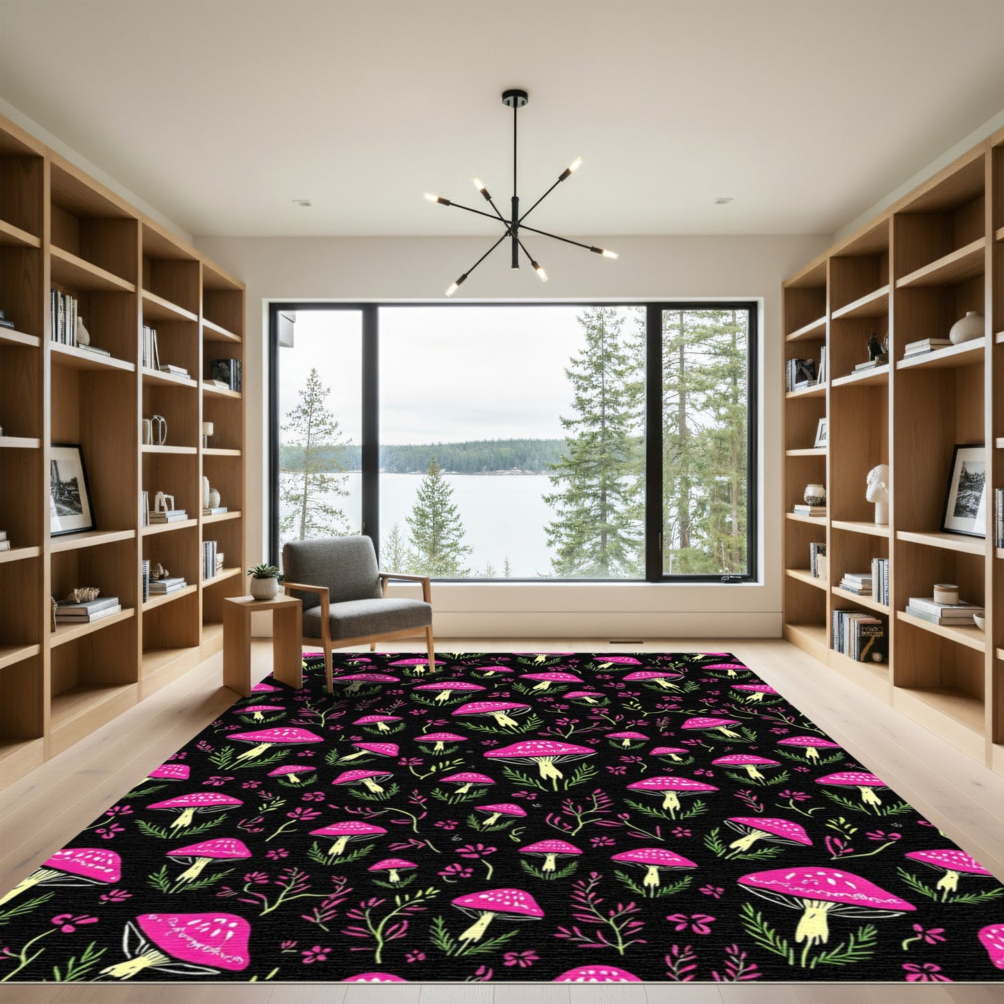 Pink Mushroom Black Forest Whimsical Garden Rug