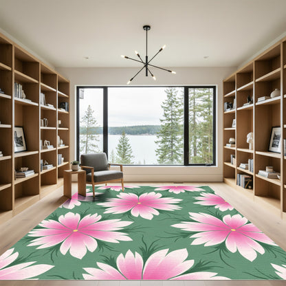 Pink Floral Garden Green Rug