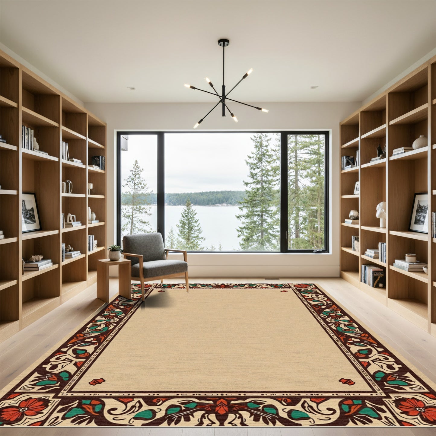 Rich Red Floral Scroll Border Rug