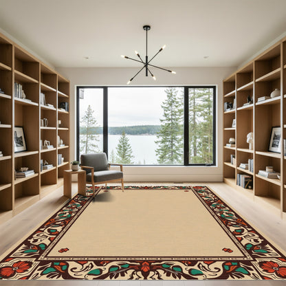 Rich Red Floral Scroll Border Rug