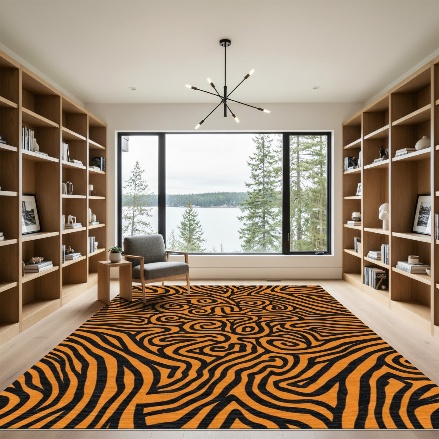 Orange Black Abstract Swirl Maze Rug