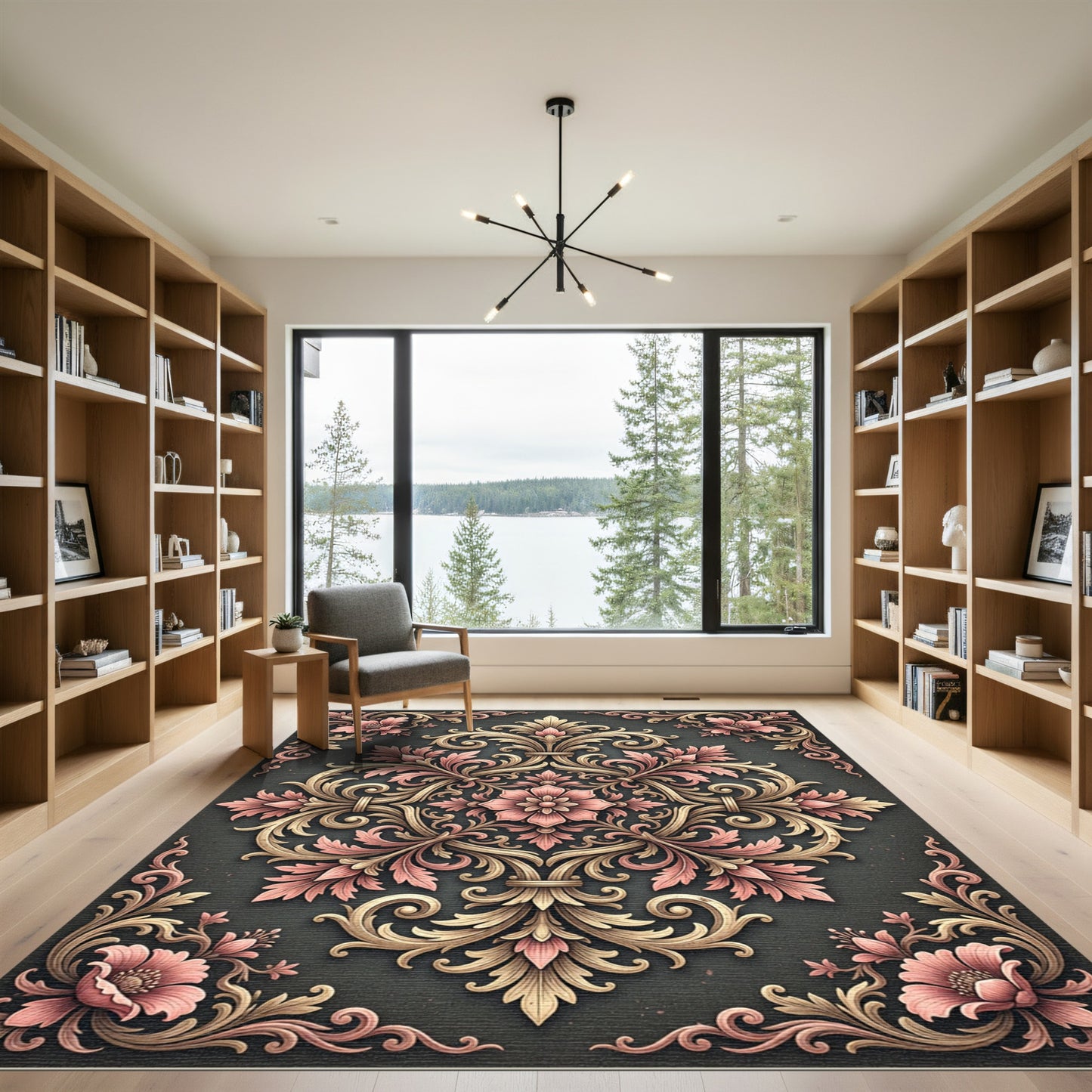 Ornate Pink Blossom Scrollwork Rug