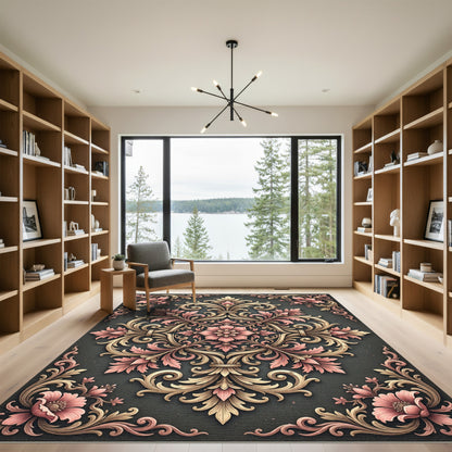 Ornate Pink Blossom Scrollwork Rug