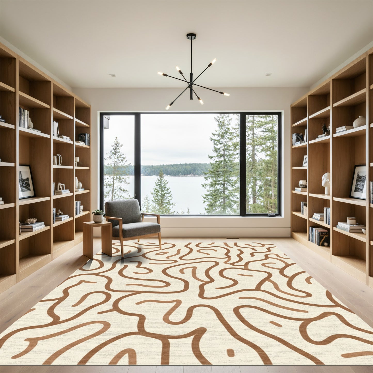 Cream Brown Abstract Organic Swirl Rug