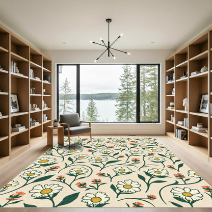 Cream White Daisy Floral Vine Rug