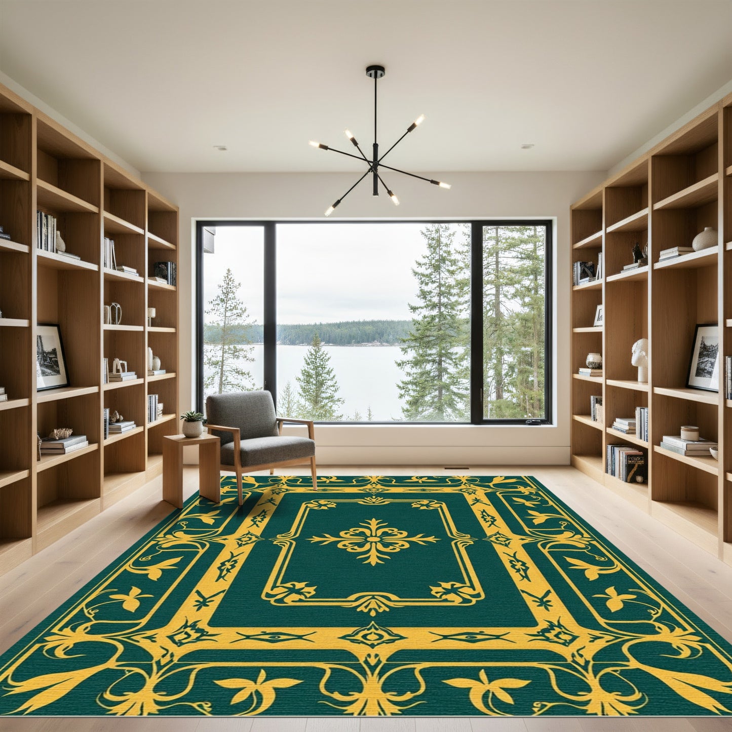 Elaborate Emerald Botanical Scroll Work Rug