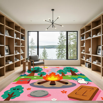 Playful Woodland Bonfire Character Scene Rug