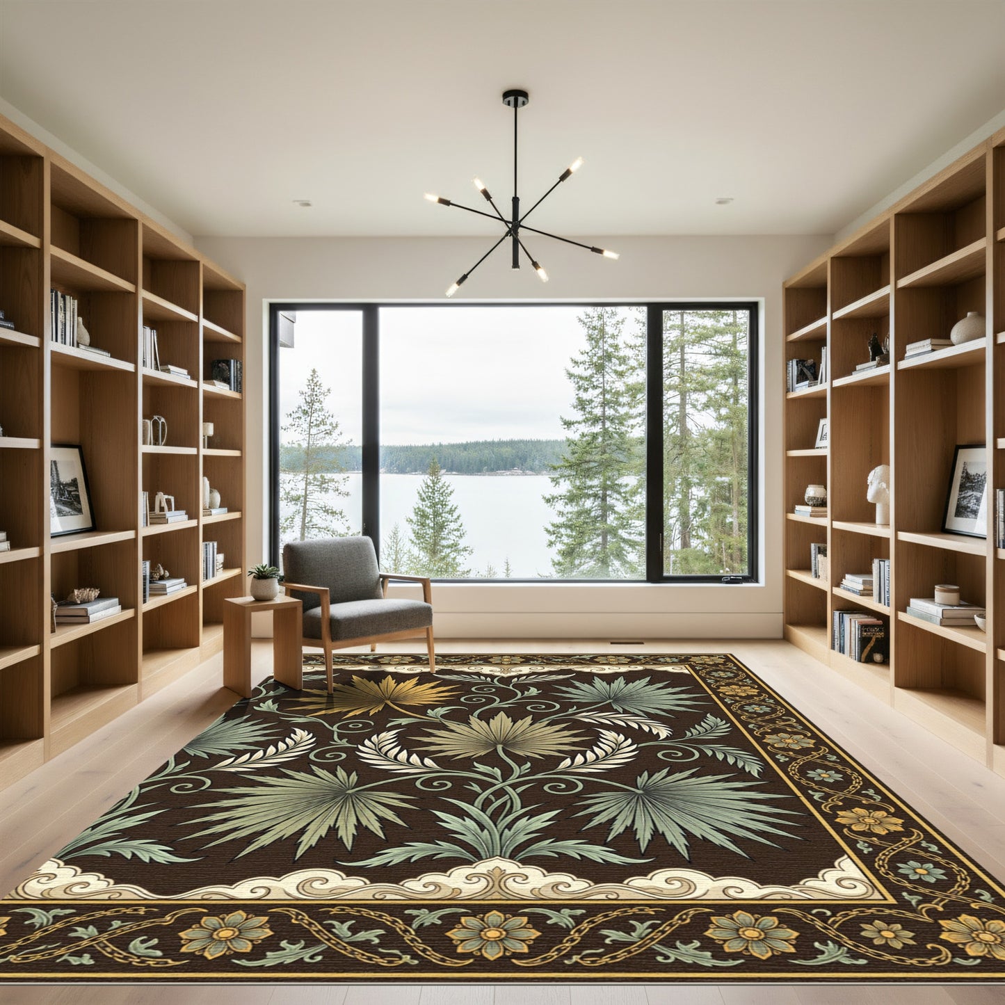Art Nouveau Green Palm Leaf Border Rug
