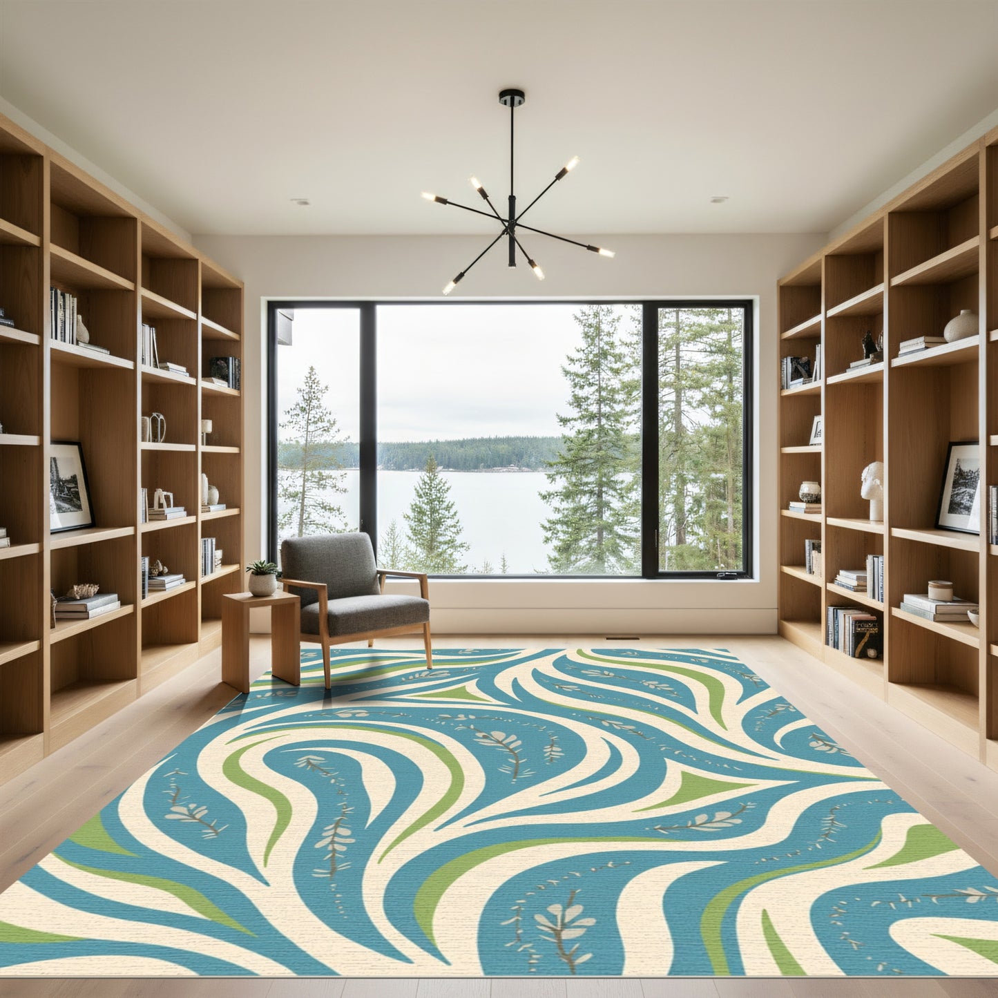 Abstract Blue Green Cream Floral Flow Rug