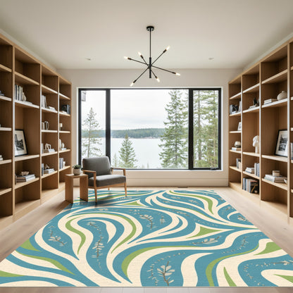 Abstract Blue Green Cream Floral Flow Rug