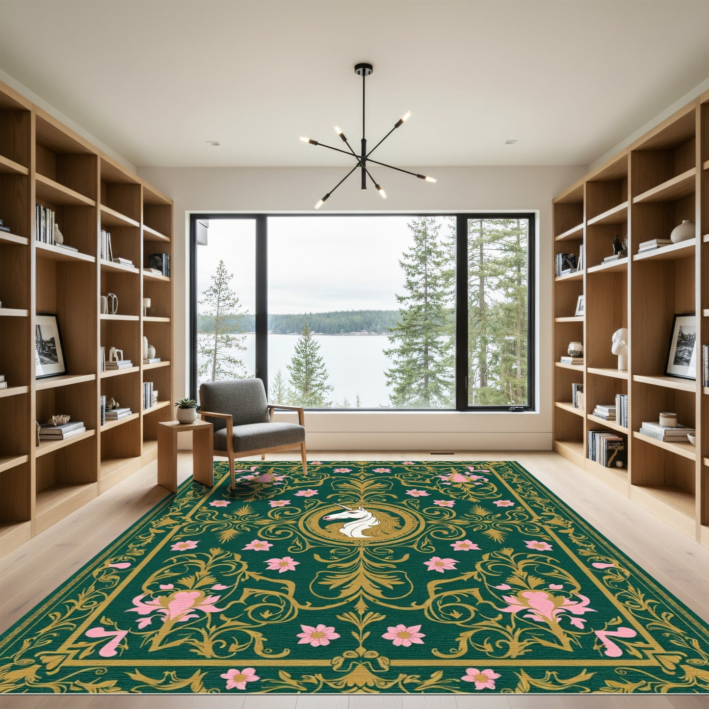 Emerald Unicorn Floral Garden Rug