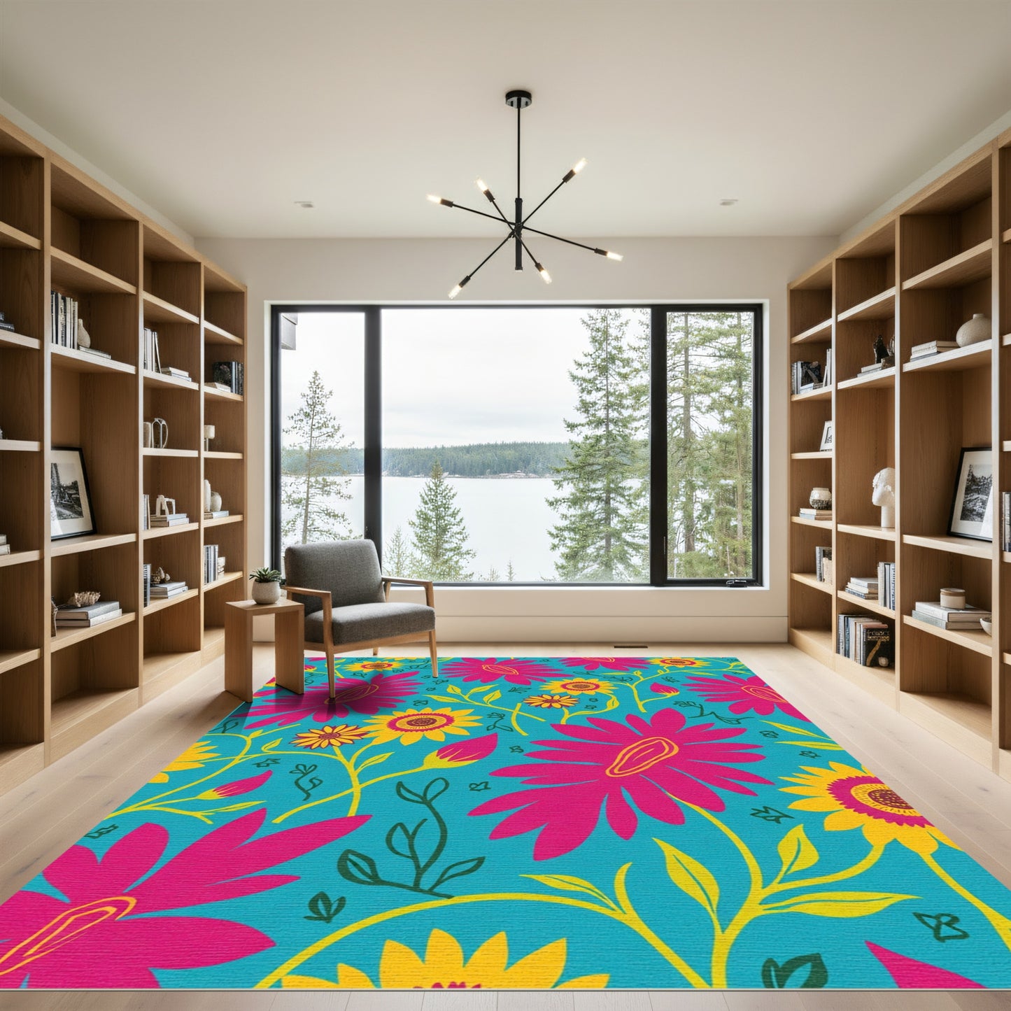 Vibrant Pink Yellow Floral Bloom Rug
