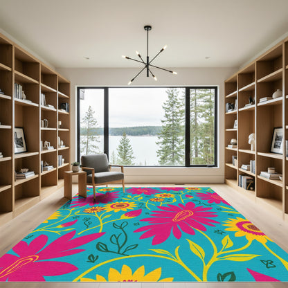 Vibrant Pink Yellow Floral Bloom Rug