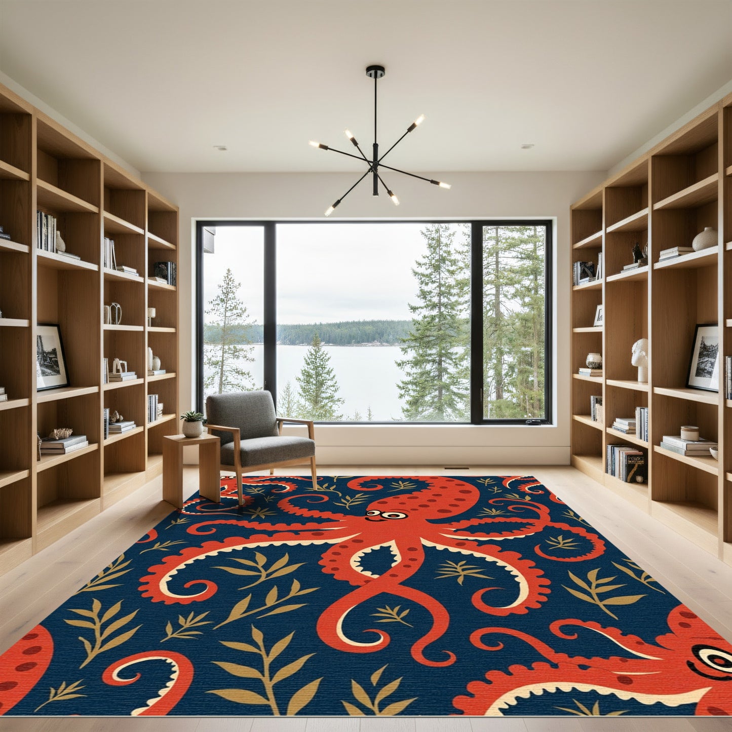 Red Octopus Navy Botanical Seafloor Rug