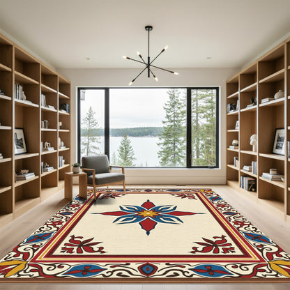 Bold Crimson Blue Eight-Pointed Star Border Rug