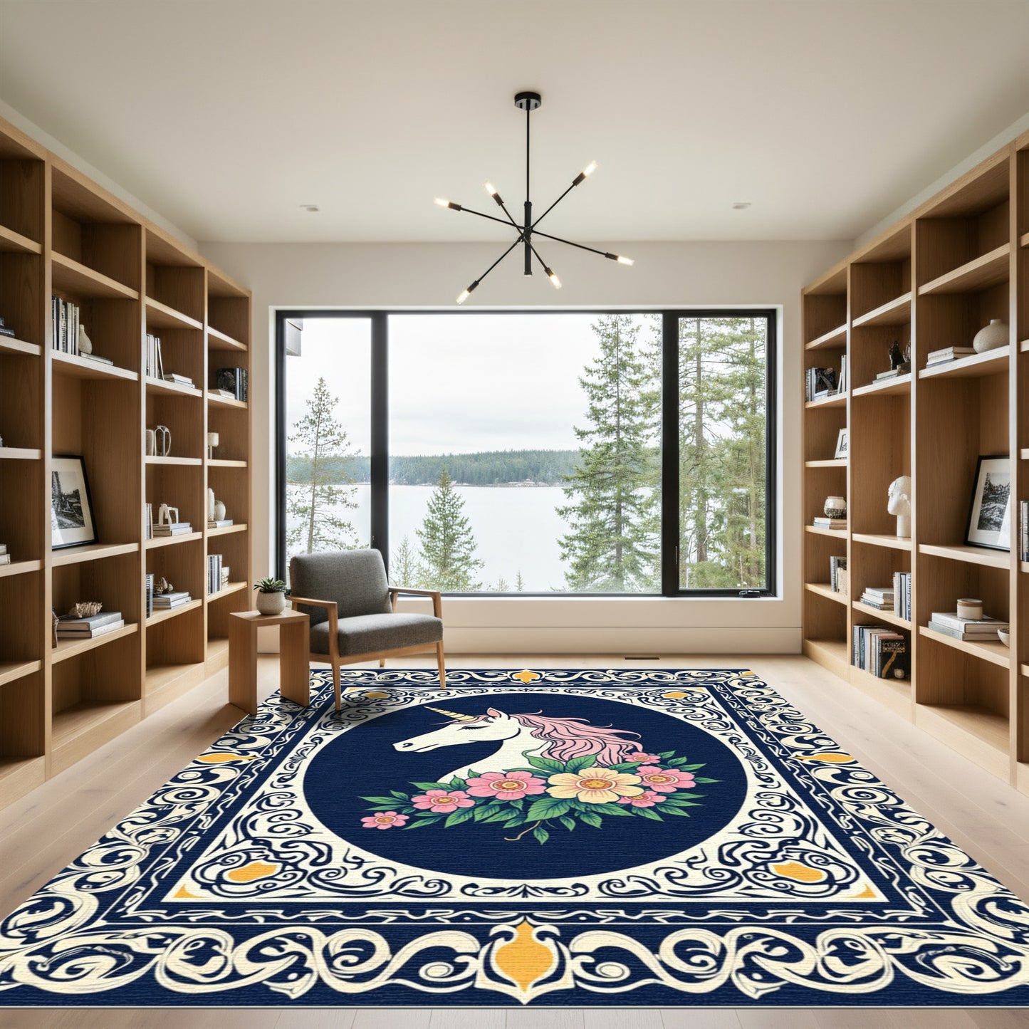 Elegant Unicorn Floral Meadow Frame Rug