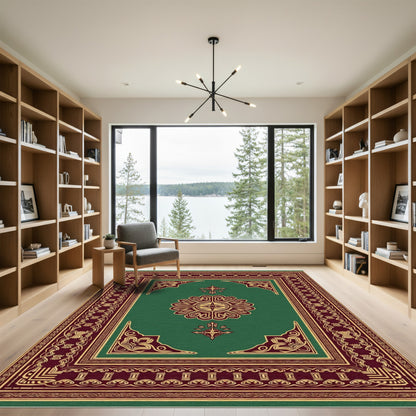 Regal Green Red Floral Centerpiece Rug