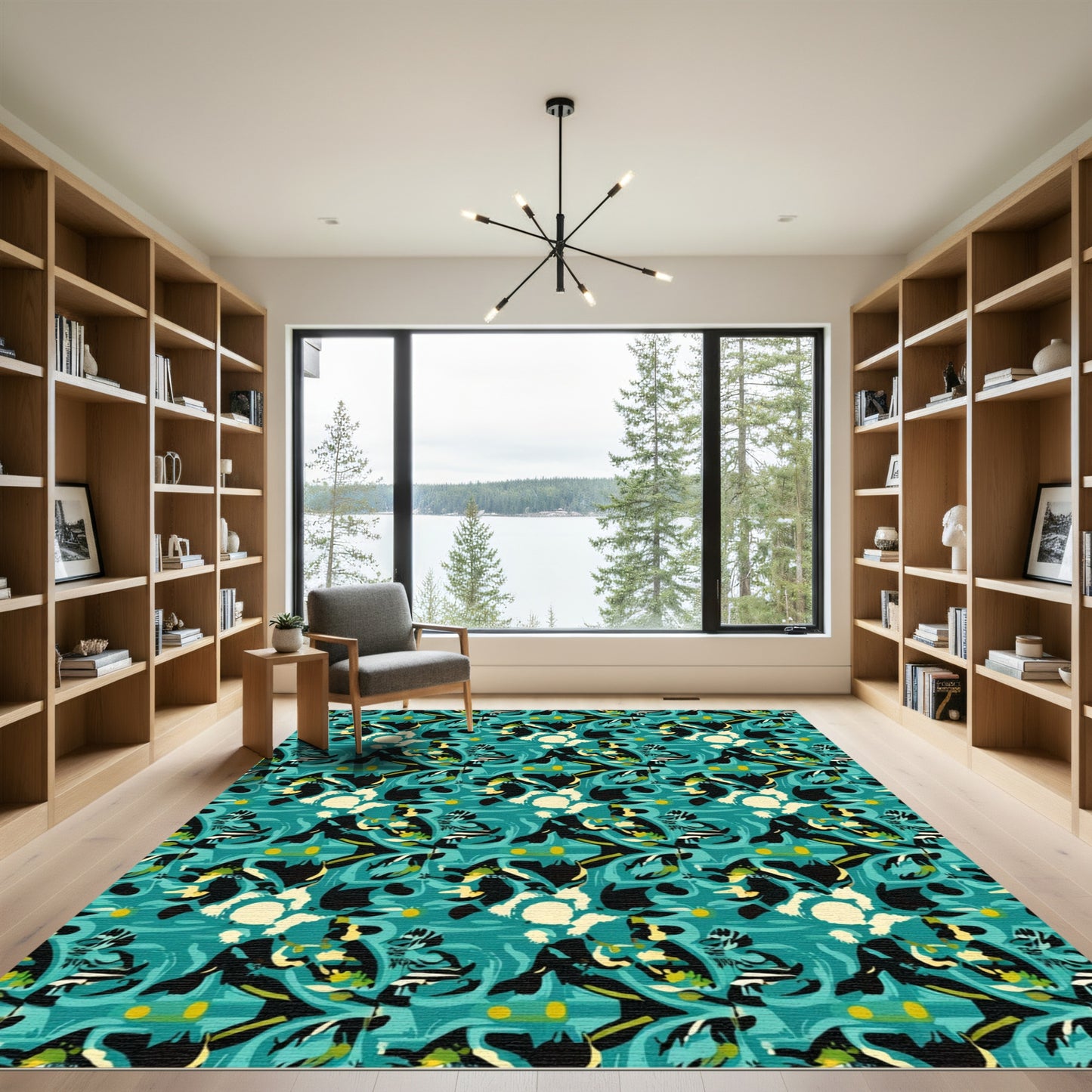Abstract Teal Black Yellow Flow Rug