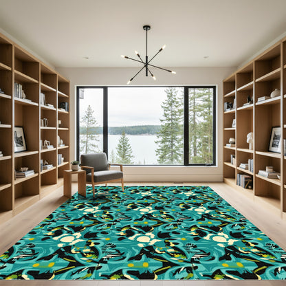 Abstract Teal Black Yellow Flow Rug