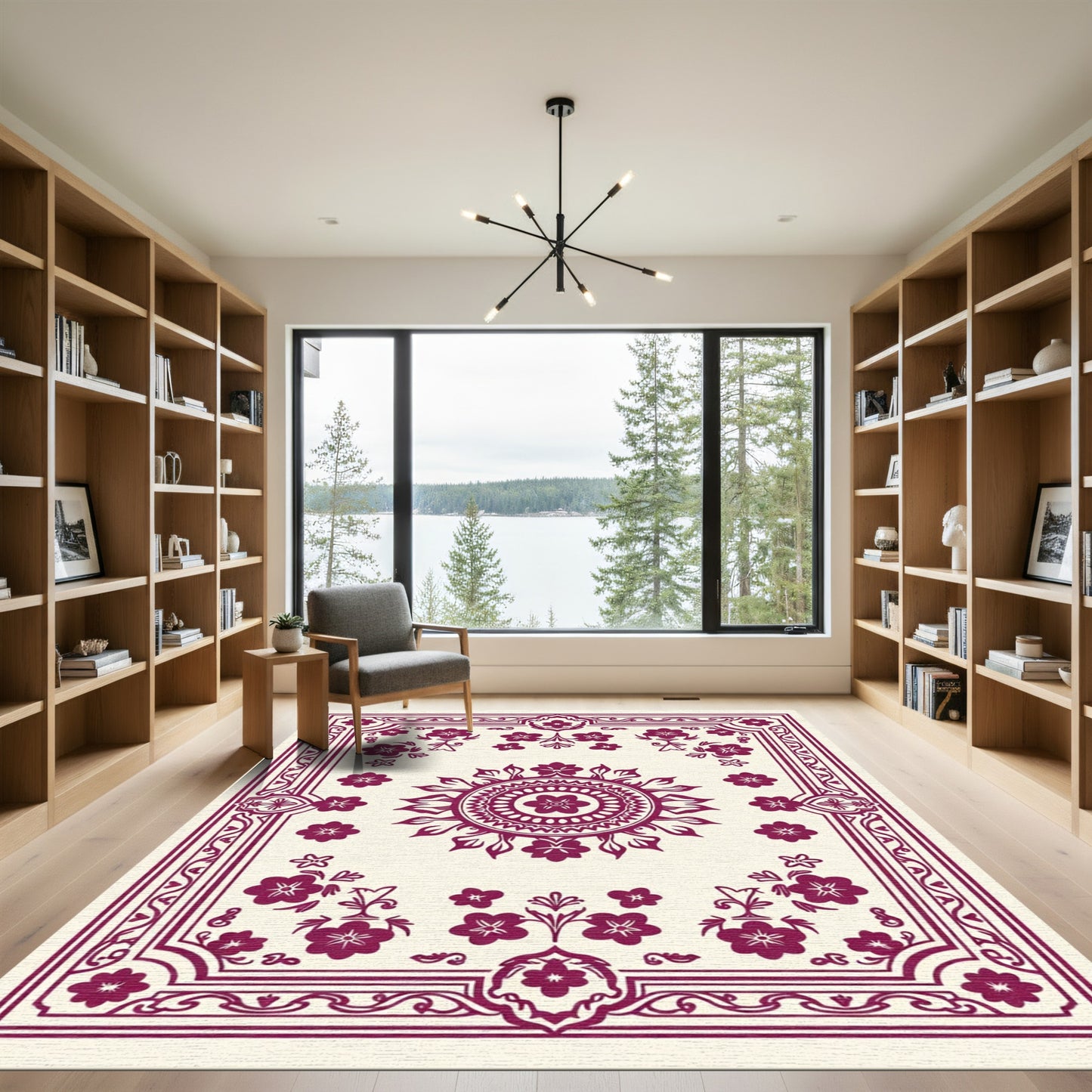 Deep Red Floral Mandala Border Art Rug