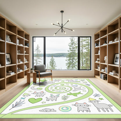 Whimsical Gray Cat and Bunny Swirl Rug