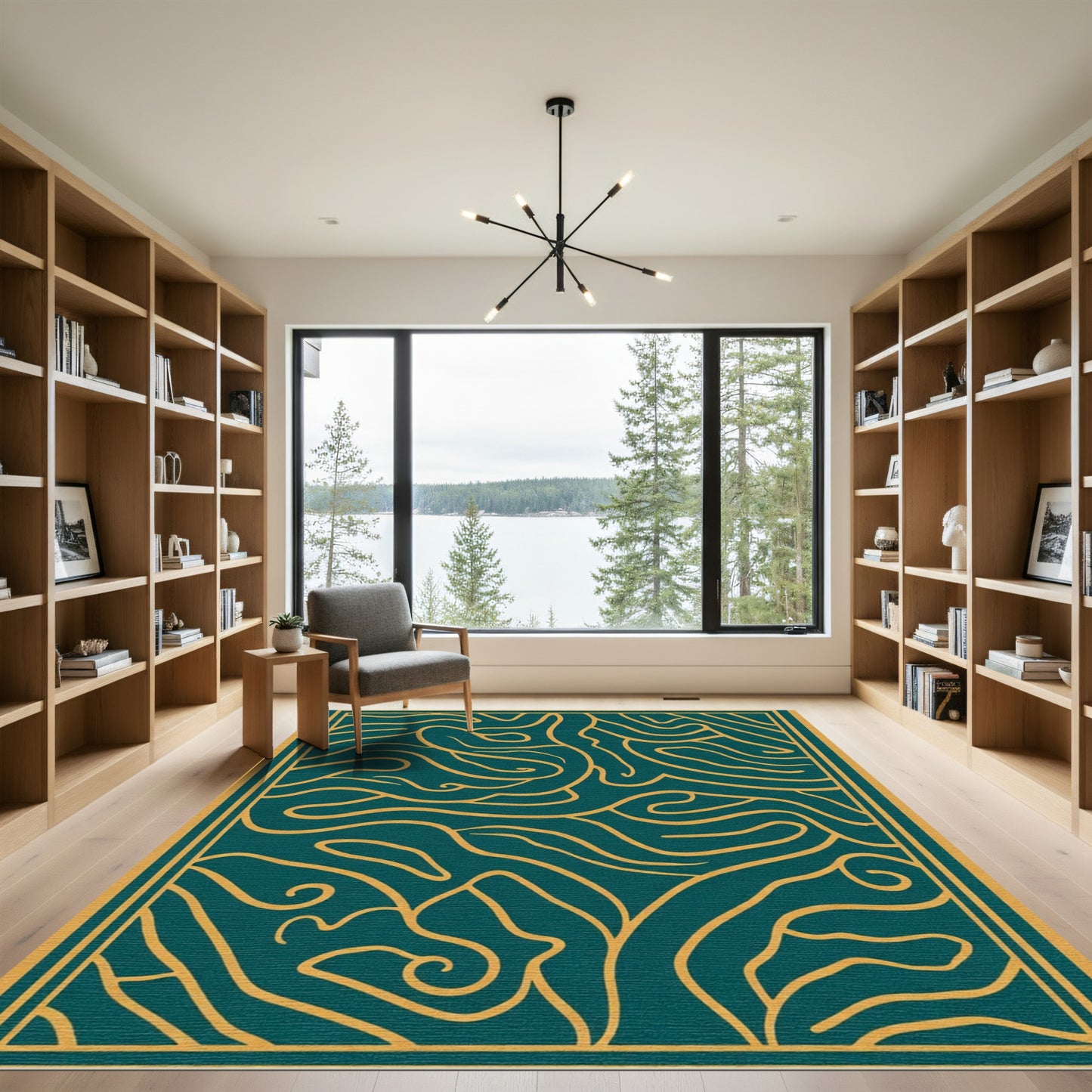 Deep Teal Abstract Organic Lines Rug
