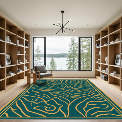 Deep Teal Abstract Organic Lines Rug