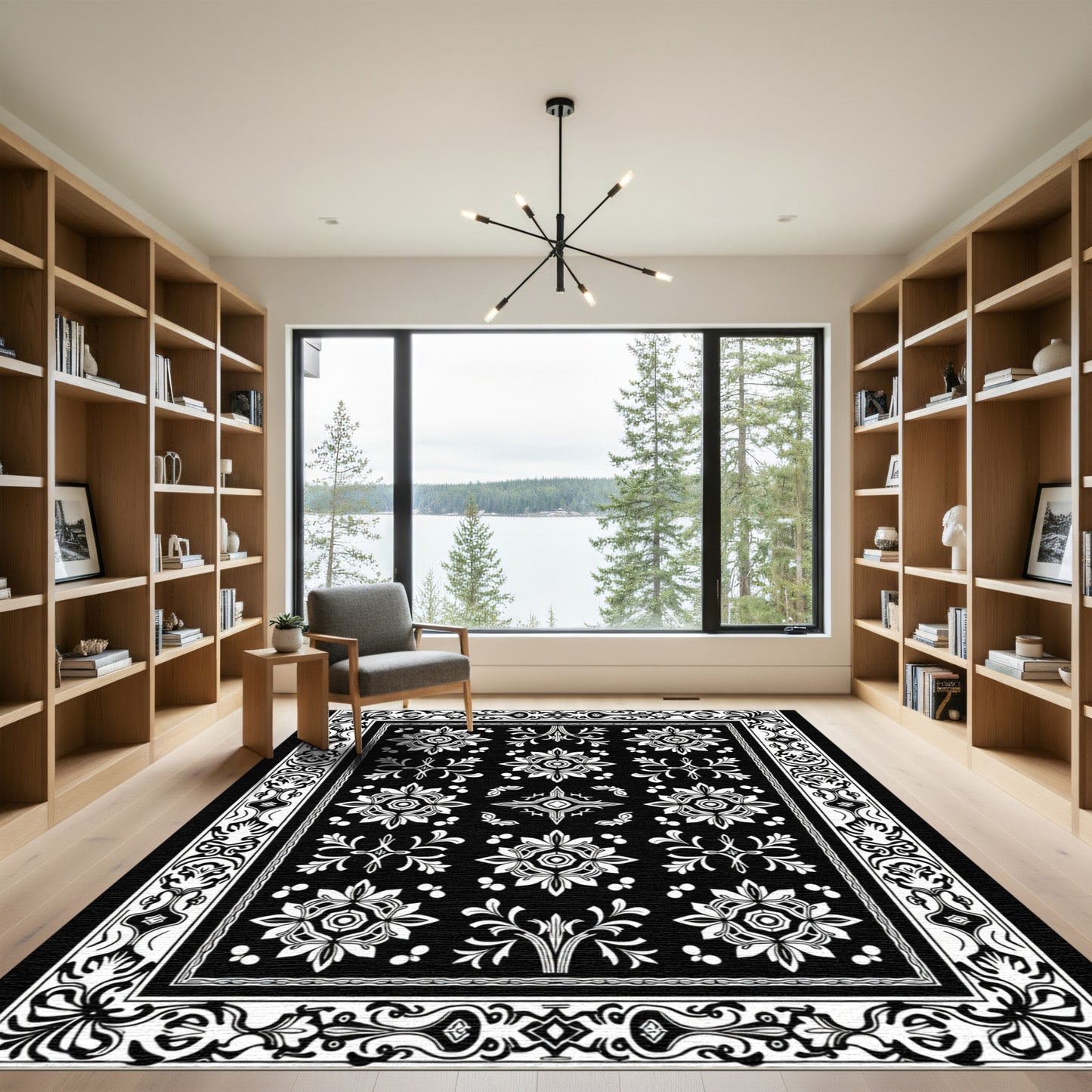 Black White Intricate Floral Border Rug