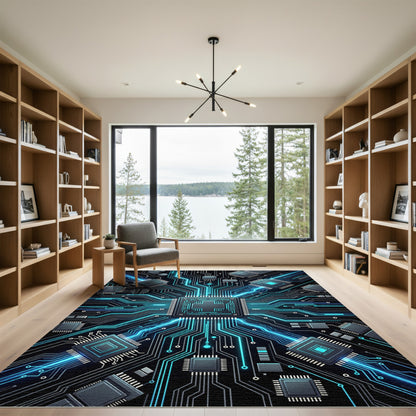 Circuit Board Neon Blue Energy Lines Rug