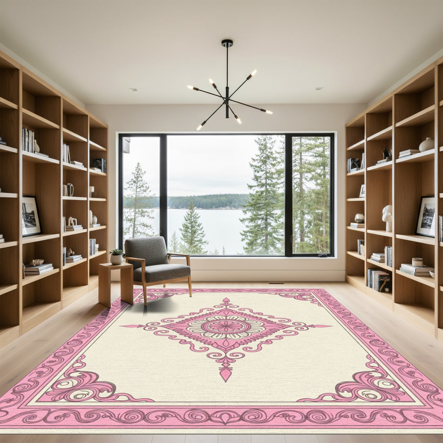 Pink Floral Medallion Frame Rug