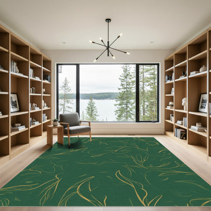Emerald Green Golden Leaf Calligraphy Rug
