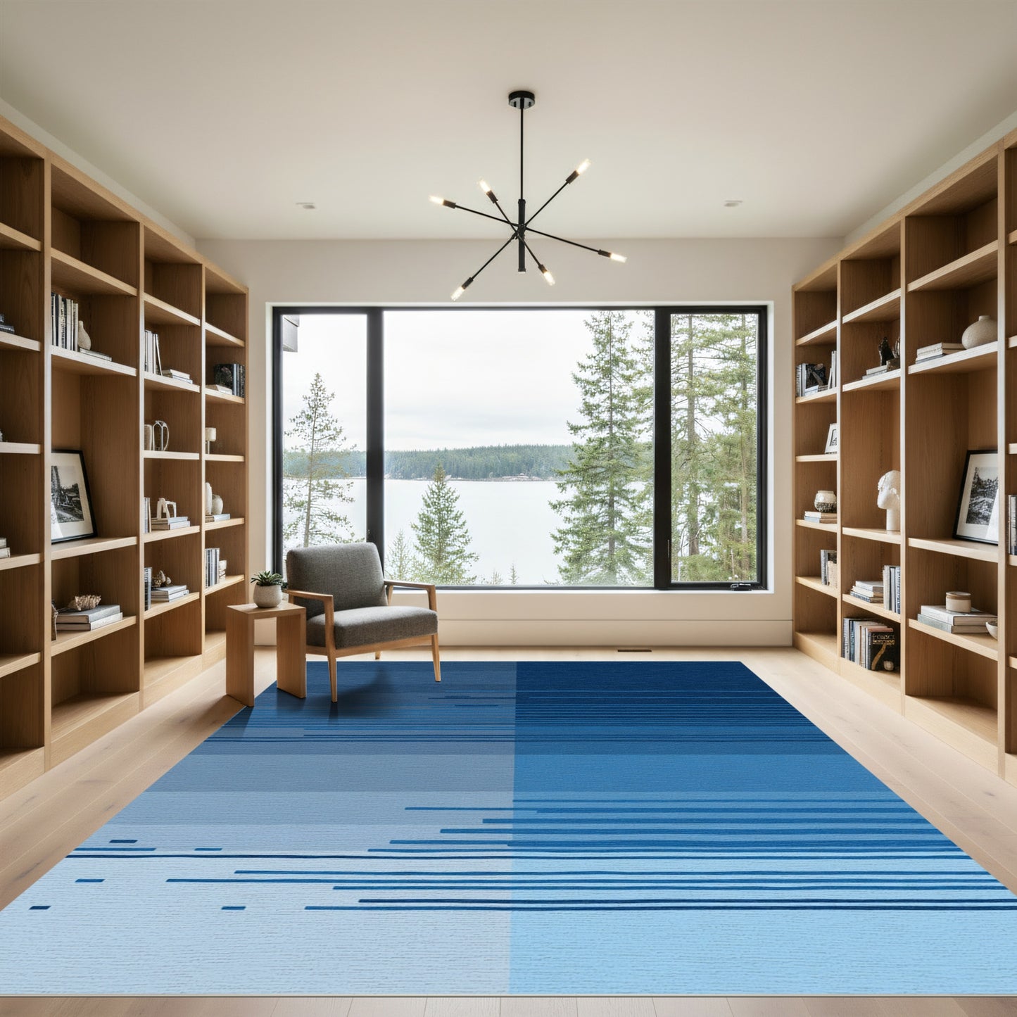 Deep Blue Abstract Horizon Lines Rug