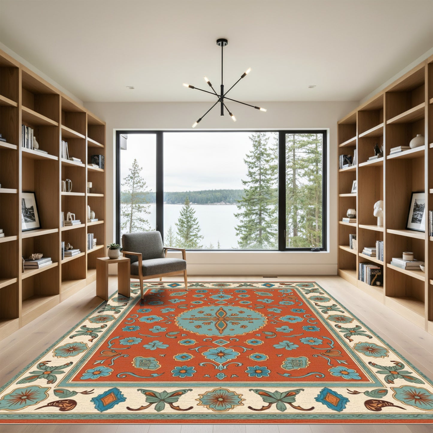 Terracotta Blue Floral Medallion Borders Rug
