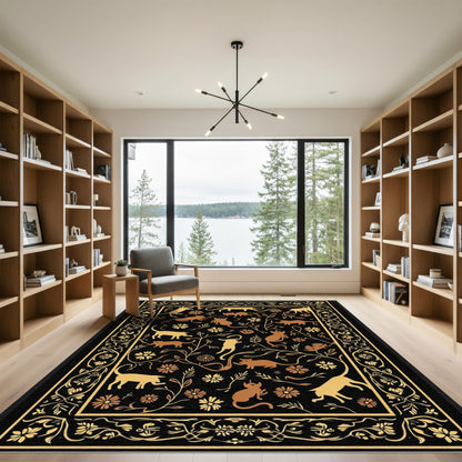 Golden Cats and Floral Vine Border Rug