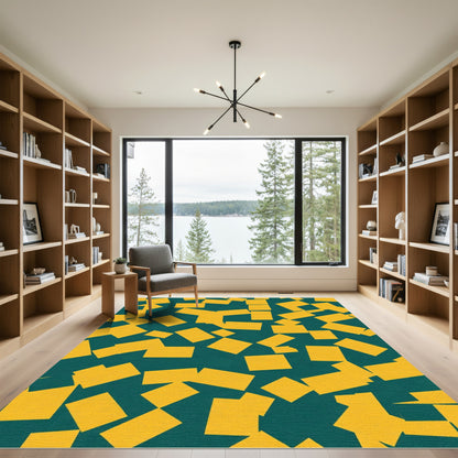 Yellow Geometric Fragments Teal Background Rug