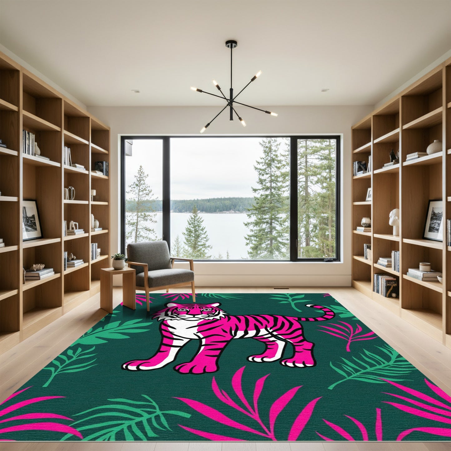 Vibrant Pink Tiger Jungle Foliage Rug