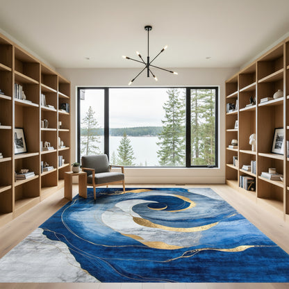 Navy Gold Swirl Marble Rug