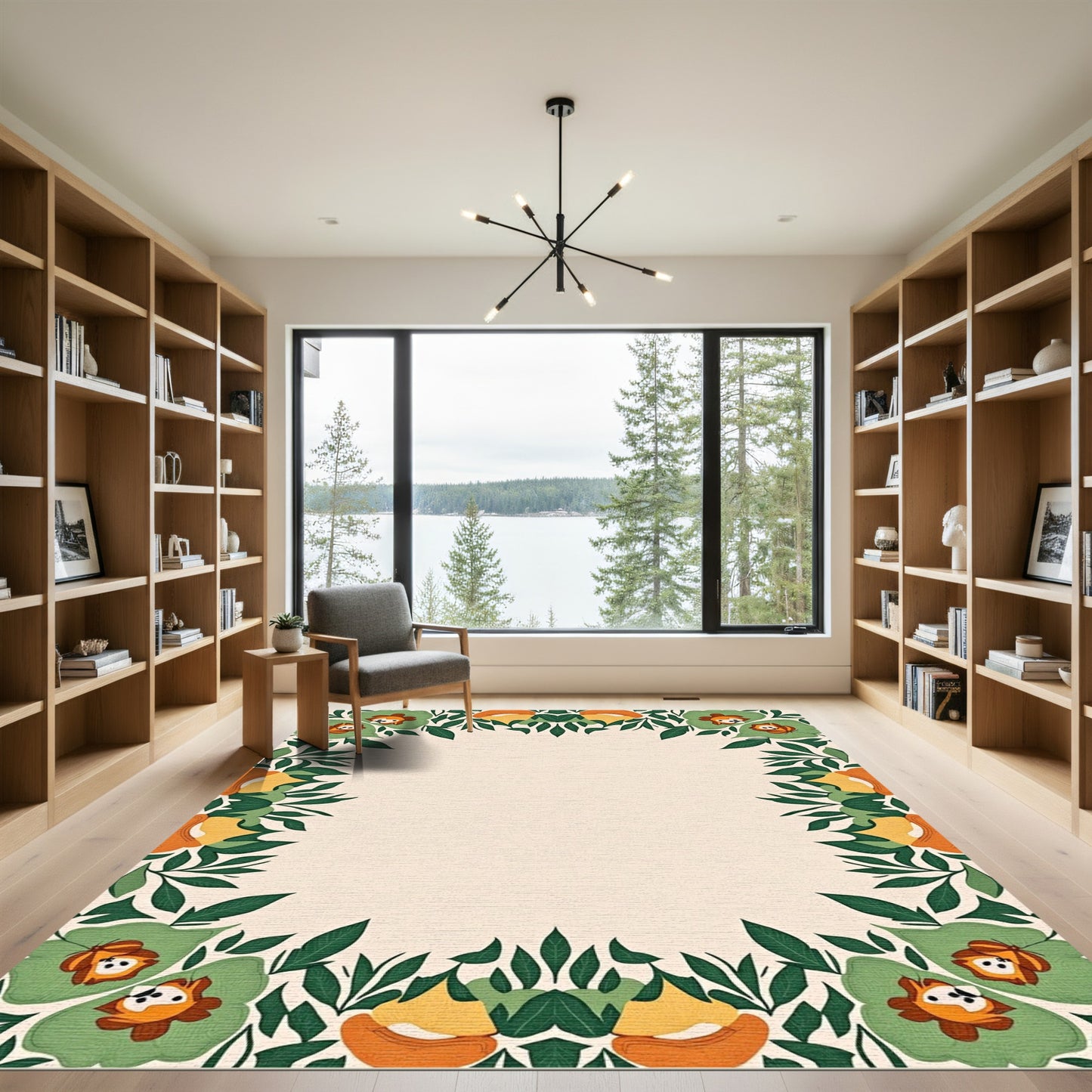Green Orange Floral Animal Border Rug