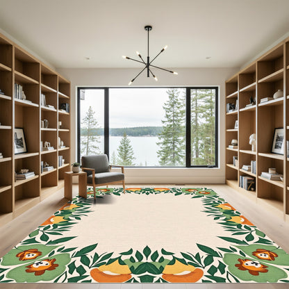 Green Orange Floral Animal Border Rug