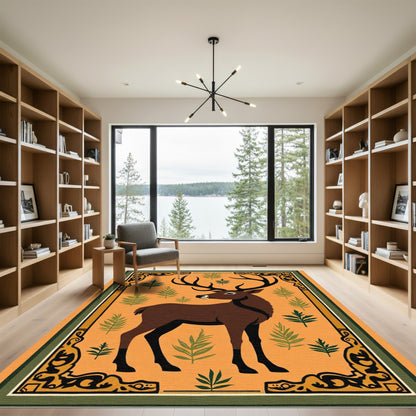 Rustic Antlered Deer Forest Scene Rug