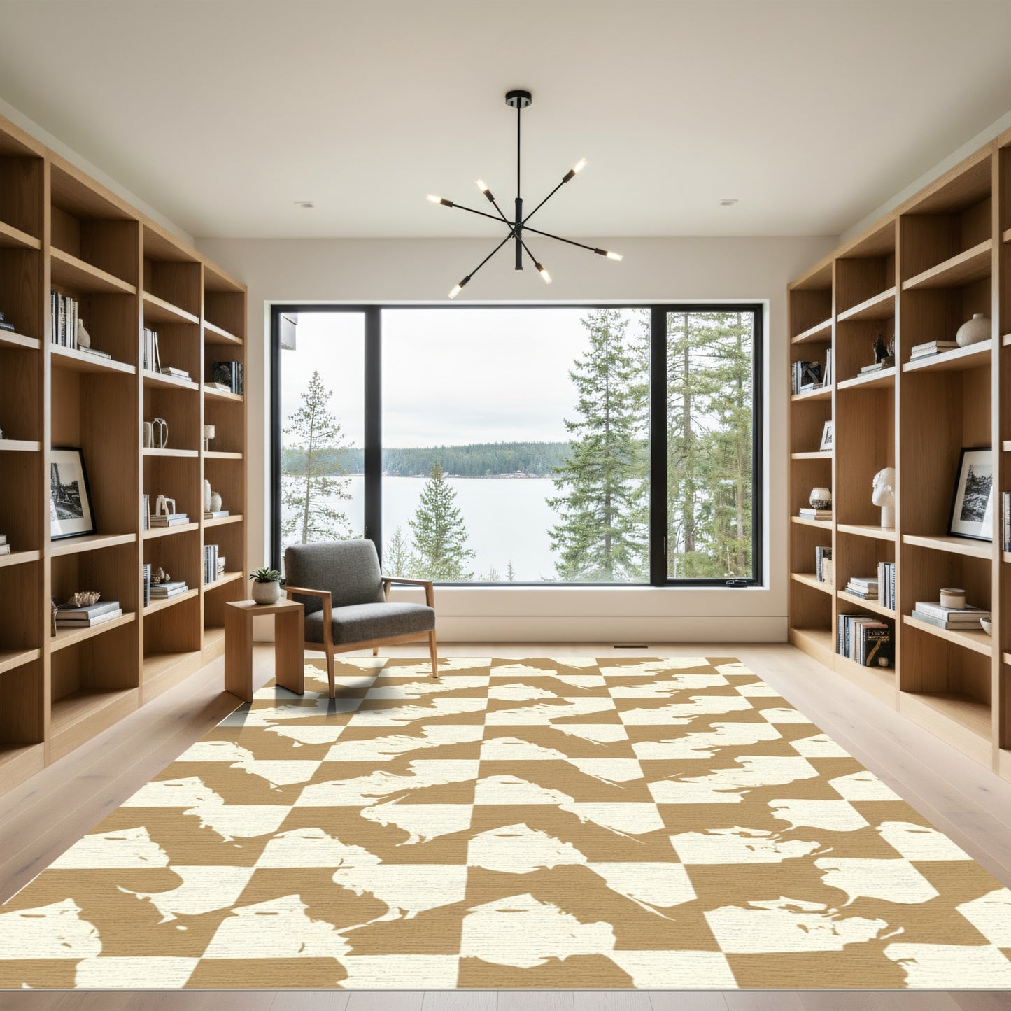 Tan White Brushstroke Checkered Rug