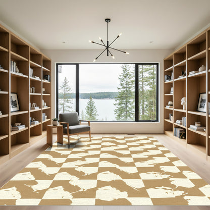 Tan White Brushstroke Checkered Rug