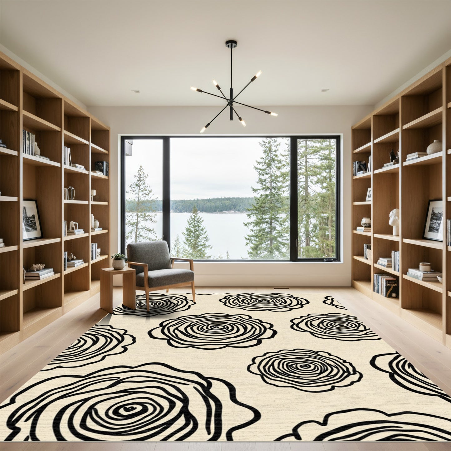 Cream Black Swirl Rose Collection Rug