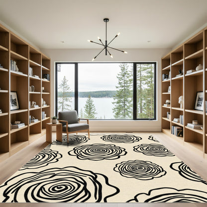 Cream Black Swirl Rose Collection Rug